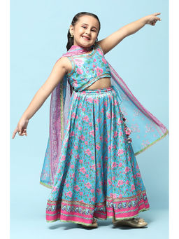 Biba - Turquoise Cotton Straight Floral Lehenga (Set of 3)