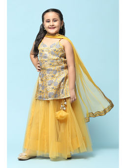 Biba - Yellow Doby Straight Printed Kurta (Set of 3)