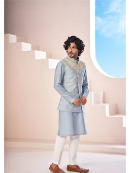 HILO DESIGN - Claro Powder Blue Nature Printed Dupion Silk Nehru Jacket