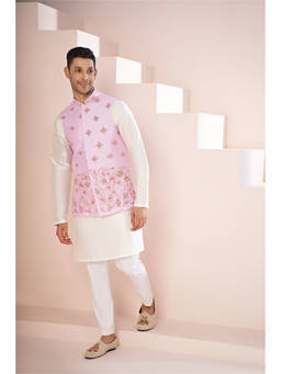 HILO DESIGN - Malva Lavender Pink Embroidered Dupion Silk Nehru Jacket
