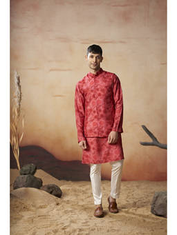 HILO DESIGN - Verdant - Red Russian Silk Nehru Jacket