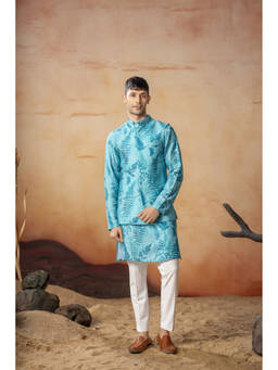 HILO DESIGN - Folium Blue Nature Printed Cotton Satin Nehru Jacket