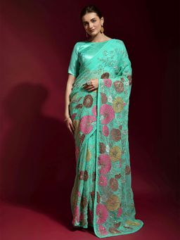 Odette - Sea Green Embroidered Banglori Silk Saree with Unstitched Blouse