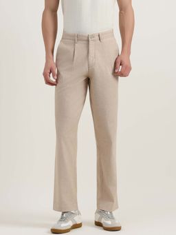 United Colors of Benetton - Beige Solid Cotton Blend Straight Fit Trouser