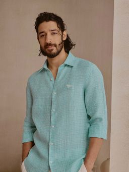 Andamen - Teal Self Design Linen Slim Fit Shirt