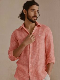 Andamen - Orange Self Design Linen Slim Fit Shirt