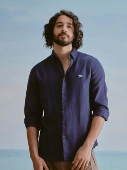 Andamen - Navy Blue Solid Linen Regular Fit Shirt