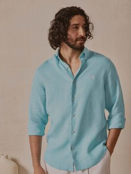 Andamen - Teal Solid Linen Slim Fit Shirt