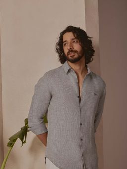 Andamen - Grey Self Design Linen Regular Fit Shirt