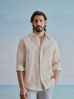 Andamen - Beige Solid Linen Slim Fit Shirt