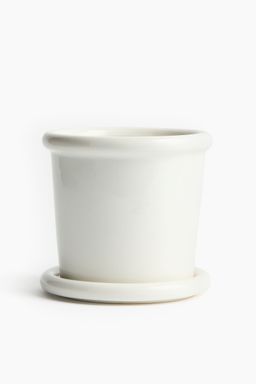H&M - White Stoneware Plant Pot With Saucer