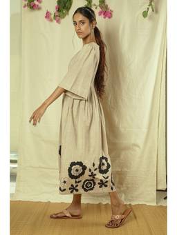 Raas By Ekta - Beige Khadi Floral Applique Dress