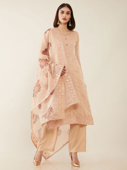 Soch - Peach Machine Embroidery Organza Unstitched Dress Material ( Set of 3 )