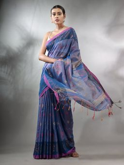 CHARUKRITI - Blue Tissue Handwoven Soft Saree with Texture Designs & Unstitched Blouse