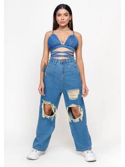 FREAKINS - Blue Vintage Wide Leg Distressed Jeans