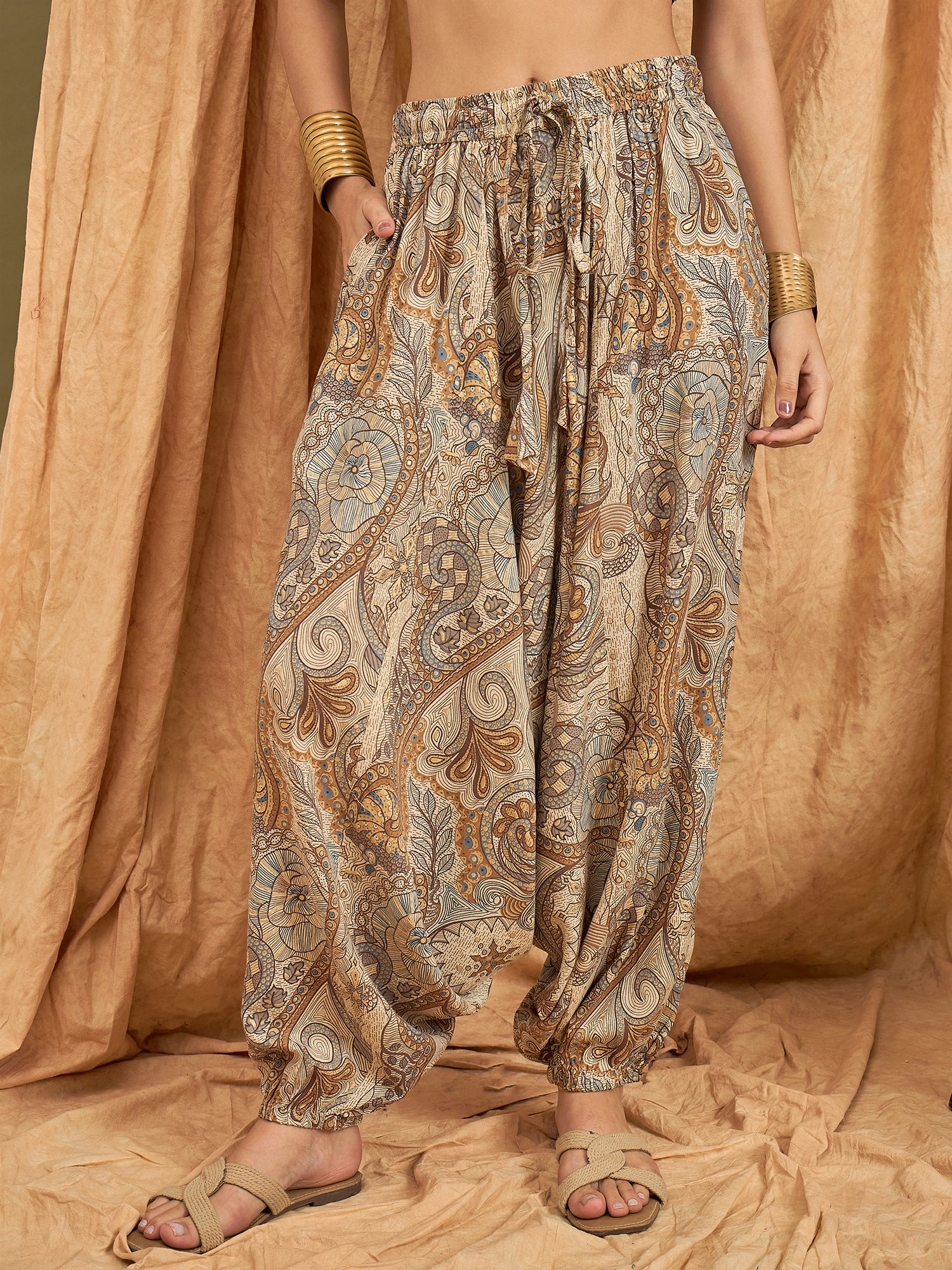 inweave Beige Paisley Flower Cowl Harem Pant-picture-36