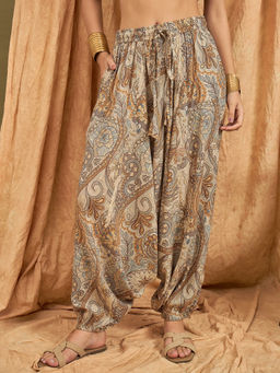 InWeave - Beige Paisley Flower Cowl Harem Pant