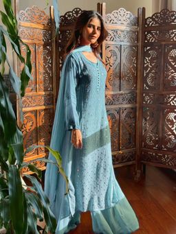 Label Aishwaryrika - Ice Blue Chikankari And Mukaish Ring Work Kurta