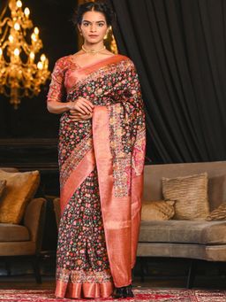 Beatitude - Multicolor Kashmiri Digital Print Blended Silk Zari Border Saree with Unstitched Blouse