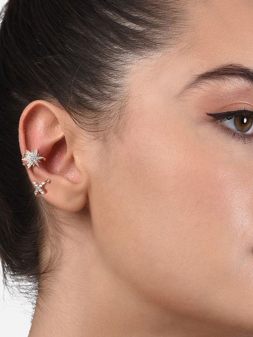 Zaveri Pearls Set of 2 Rose Gold Cubic Zirconia Brass Ear Cuff Earrings-ZPFK15122