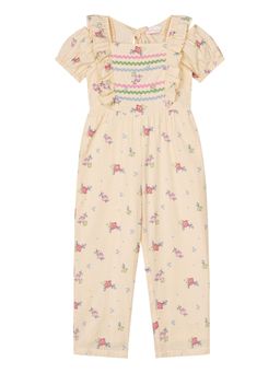 Budding Bees - Girls Cotton Seer Sucker Floral Cold Shoulder Sleeve Jumpsuit-Cream
