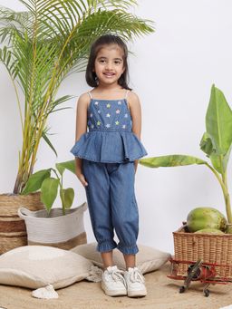 Budding Bees - Girls Embroidered Solid Denim Jumpsuit-Blue