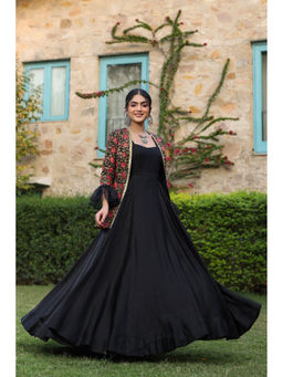 Anastay Clothing - Black Printed Jacket with Gown (Set of 2)