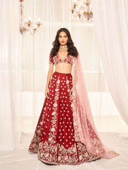 DISHA MUCHHALA - Blood Red Bridal Lehenga with Blouse and Dupatta (Set of 3)