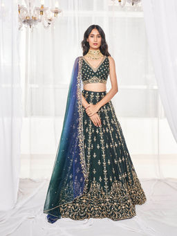 DISHA MUCHHALA - Bottle Green Bridal Lehenga with Blouse and Dupatta (Set of 3)