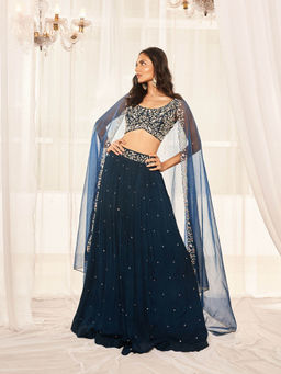 DISHA MUCHHALA - Teal Blue Lehenga with Blouse and Dupatta (Set of 3)