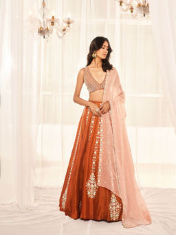 DISHA MUCHHALA - Burnt Orange Lehenga with Blouse and Dupatta (Set of 3)