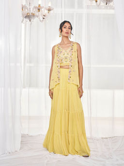 DISHA MUCHHALA - Yellow Blouse with Sharara and Jacket (Set of 3)