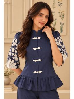 PERINI - Navy Blue Mandarin Denim Blue Peplum Top