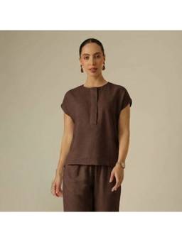 Saltpetre - Women Linen Coffee Brown Half Placket Top