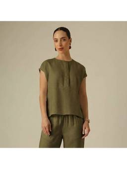 Saltpetre - Women Linen Olive Half Placket Top