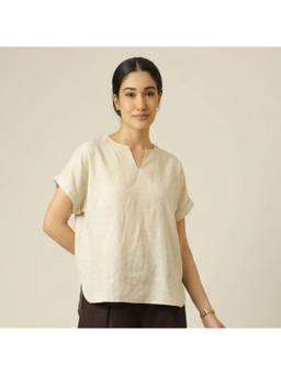Saltpetre - Women Beige Regular Fit Solid Linen Blend Short Sleeves Top