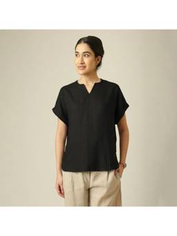 Saltpetre - Women Black Regular Fit Solid Linen Blend Short Sleeves Top