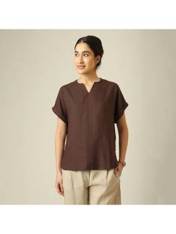 Saltpetre - Brown Women Coffee Regular Fit Solid Linen Blend Short Sleeves Top