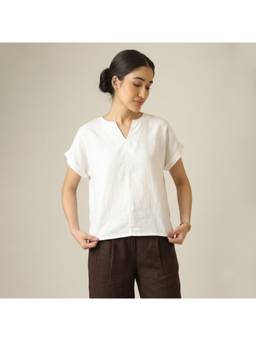 Saltpetre - White Women Ecru Regular Fit Solid Linen Blend Short Sleeves Top