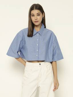 SHEWEST - Women Blue Striped Oversized Fit Crop Shirt