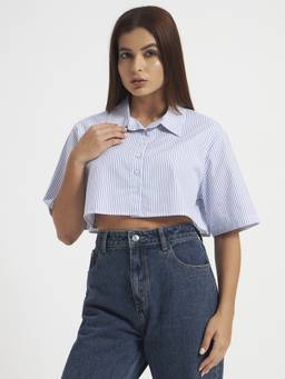 SHEWEST - Women White Striped Cotton Crop Shirt