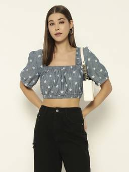 SHEWEST - Women Blue Printed Slim Fit Crop Top