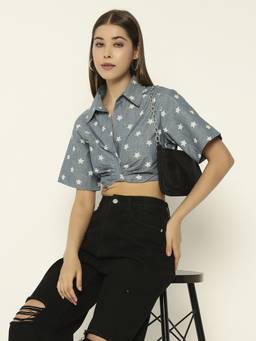 SHEWEST - Women Blue Printed Slim Fit Crop Shirt