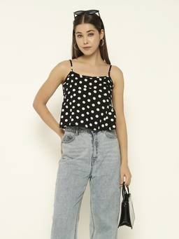 SHEWEST - Women Black Polka Dot Regular Fit Crop Top