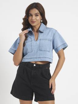 SHEWEST - Women Blue Denim V-Neck Crop Top
