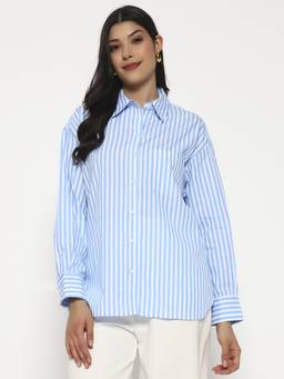 SHEWEST - Women Blue Striped Oversized Fit Shirt