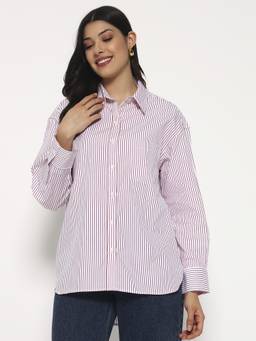 SHEWEST - Pink Women Striped Oversized Fit Shirt