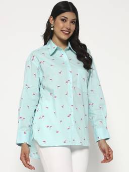 SHEWEST - Turquoise Women Floral Print Oversized Fit Shirt