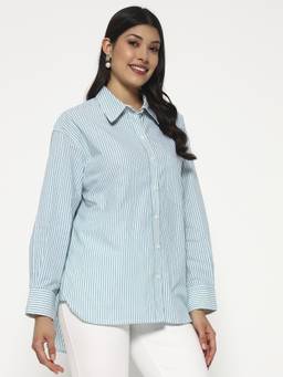 SHEWEST - Women Teal Striped Cotton Shirt