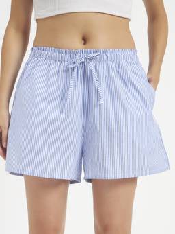 SHEWEST - Women'S Blue and White Strips Cotton Shorts with Elastic Waistband